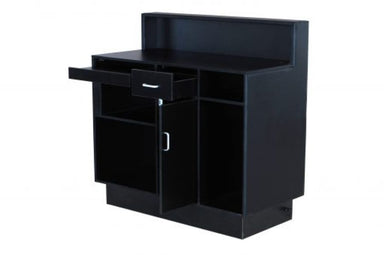 JuliaReceptionDeskRD15TopAngleInsideViewDrawersOutBlack