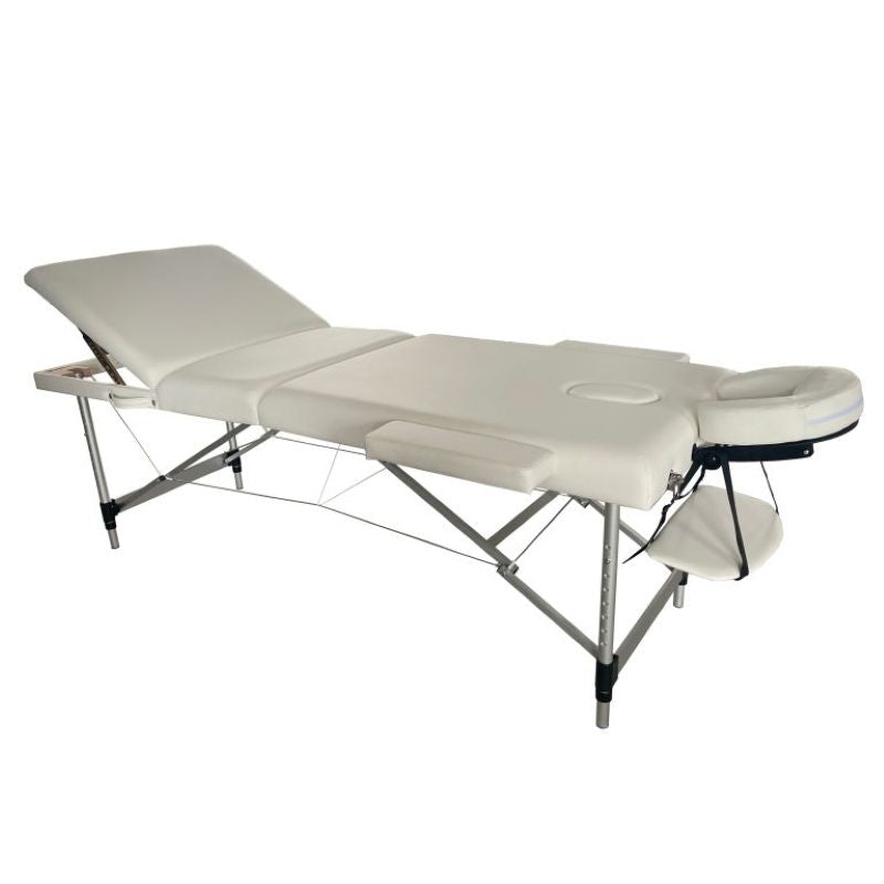KarmaBluffPortableMassageTableSideViewFlatwithLegrestRaisedWhite