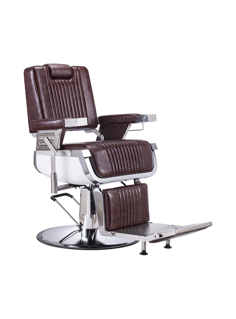 KarmaBrisbaneBarberChairFrontAngleViewBrownChrome