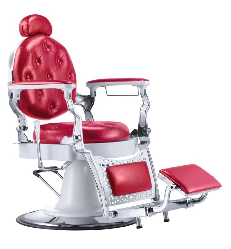 KarmaGoldCoastBarberChairFrontAngleViewRedWhiteChrome