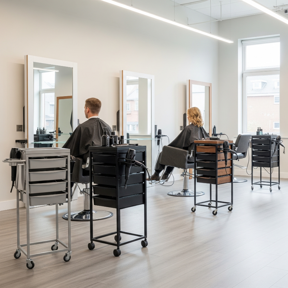 high-quality black, grey, and timber lockable hairdressing trolleys with drawers and tool holders in a modern Australian hair salon setting