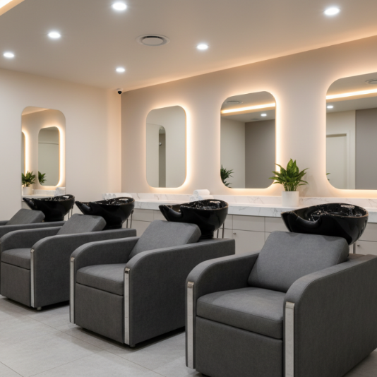 Luxury black leather shampoo units with tilting ceramic basins in a modern Australian hair salon.