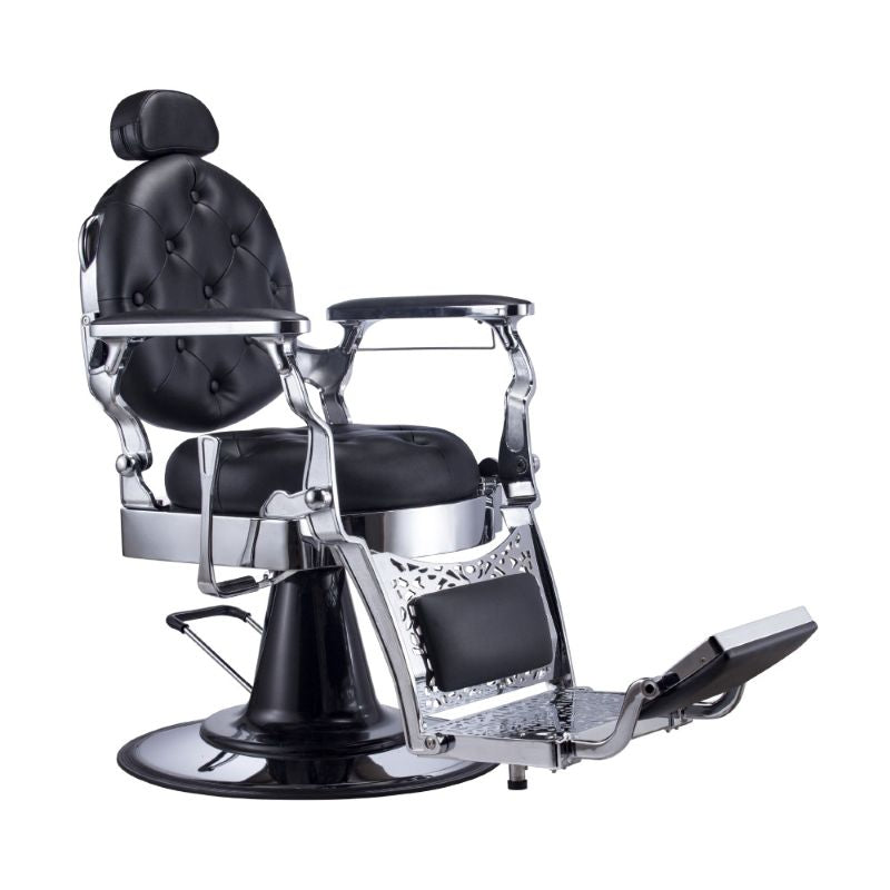 KarmaGoldCoastBarberChairFrontAngleViewBlackChrome