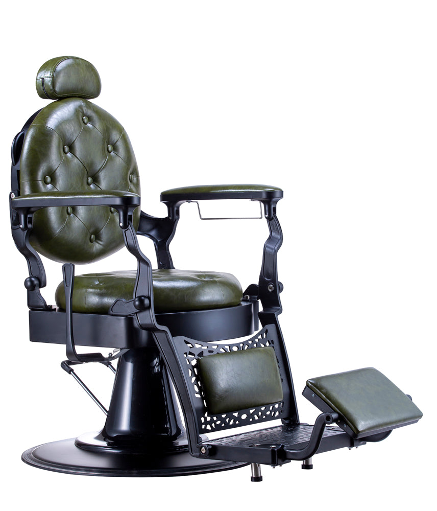 KarmaGoldCoastBarberChairFrontAngleViewBlackGreen