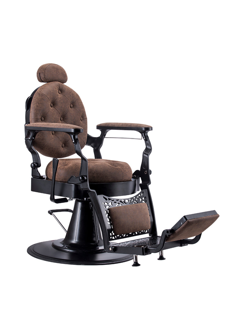 KarmaGoldCoastBarberChairFrontAngleViewBrownBlack