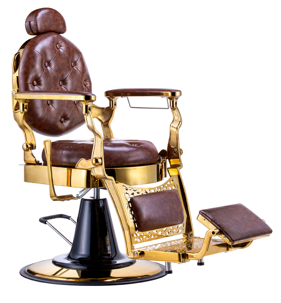 KarmaGoldCoastBarberChairFrontAngleViewBrownGold