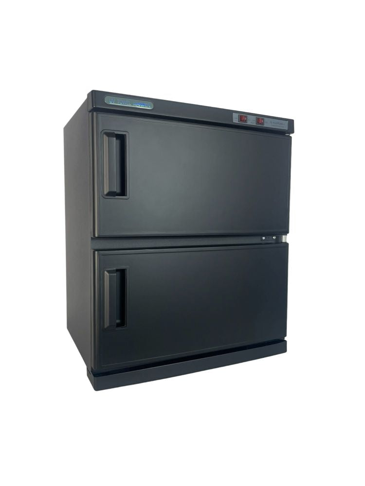 KarmaHotTowelCabinet32LBlackFrontAngleView