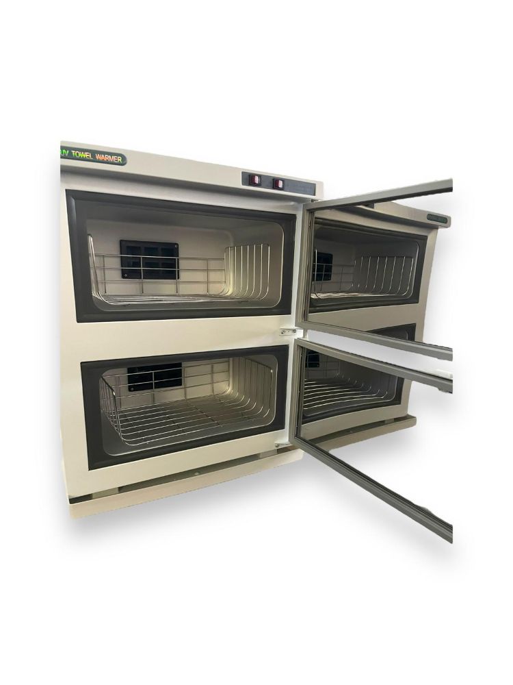 KarmaHotTowelCabinet32LWhiteFrontAngleViewBothCompartmentsOpen