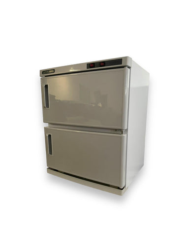 KarmaHotTowelCabinet32LWhiteFrontAngleView