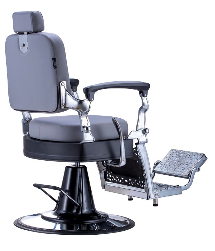 KarmaNoosaBarberChairGreyBlackChromeBackAngleView