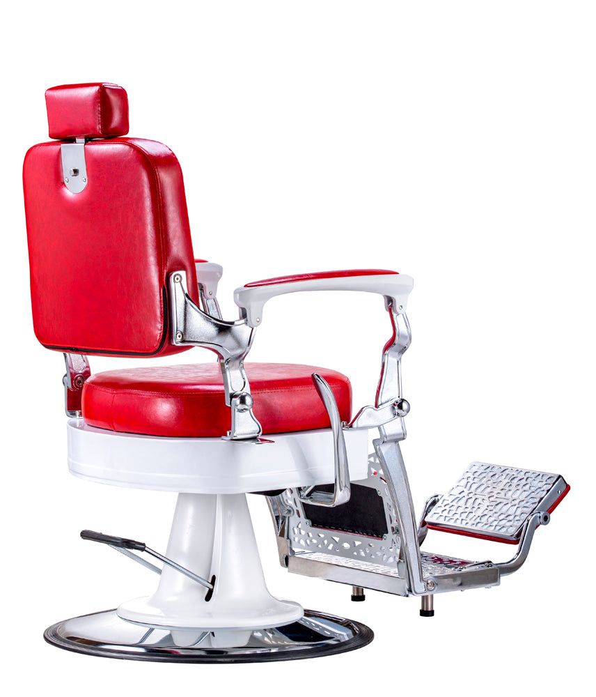 KarmaNoosaBarberChairRedWhiteChromeBackAngleView