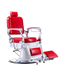 KarmaNoosaBarberChairRedWhiteChromeFrontAngleView