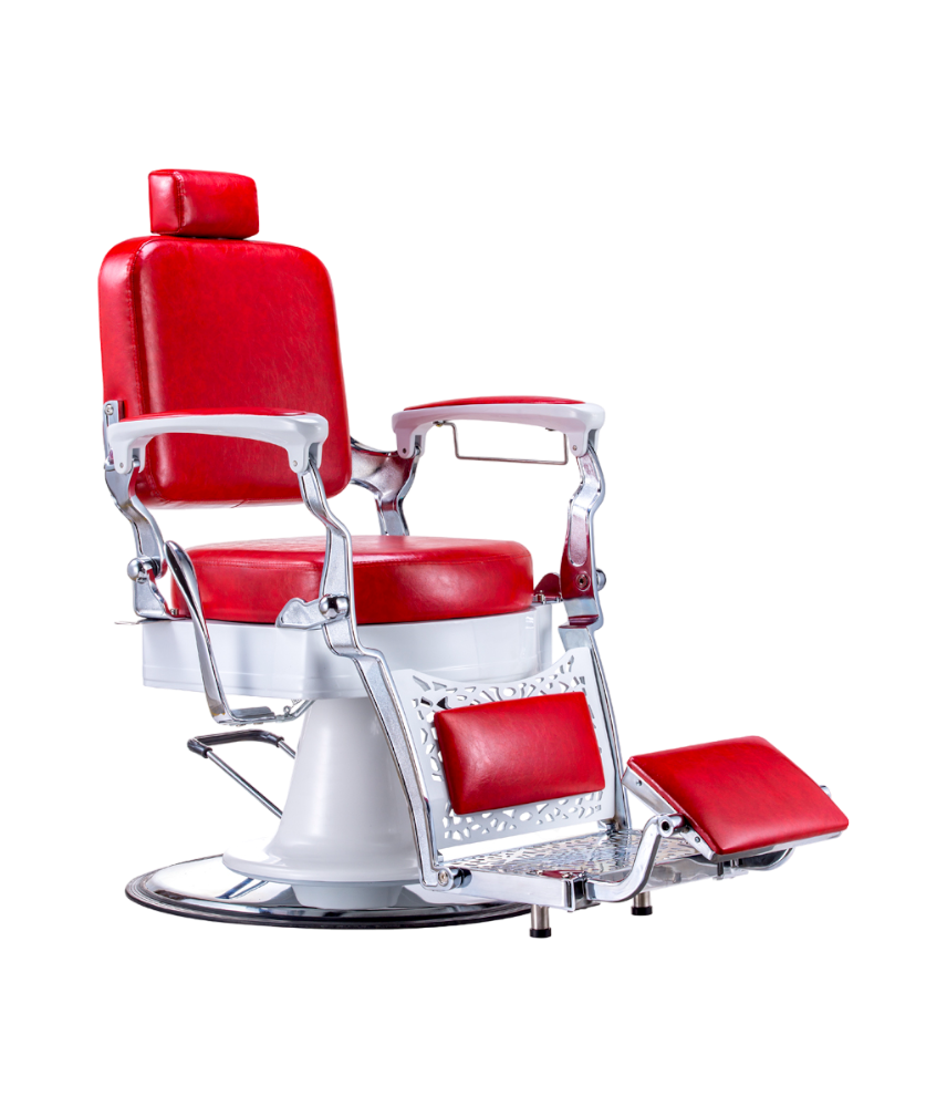 KarmaNoosaBarberChairRedWhiteChromeFrontAngleView