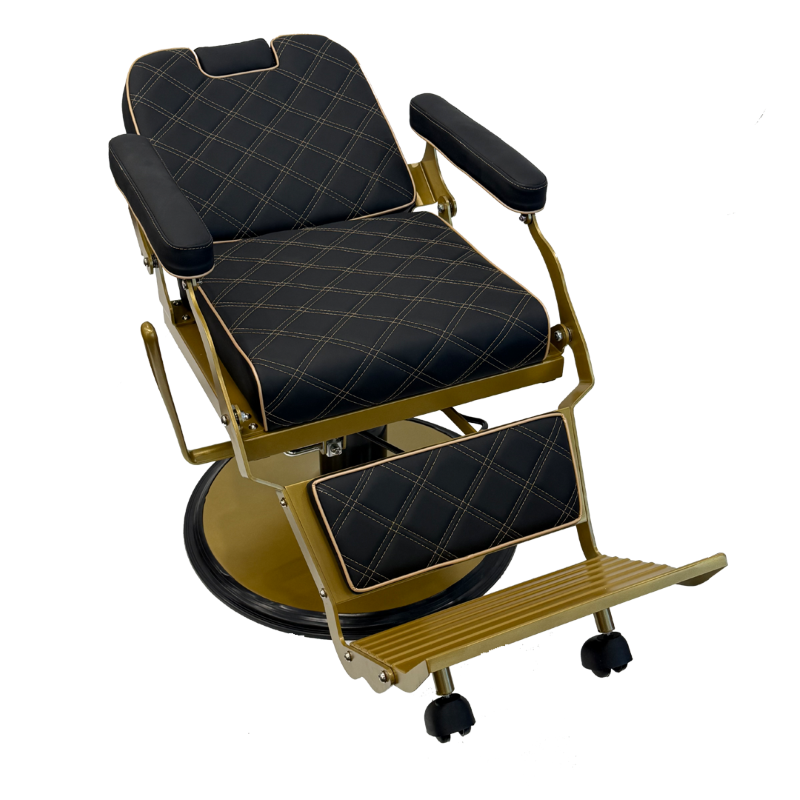 KarmaPaddingtonBarberChairBlackGoldFrontAngleViewBackrestDownHeadrestIn