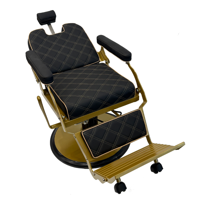 KarmaPaddingtonBarberChairBlackGoldFrontAngleViewBackrestDown