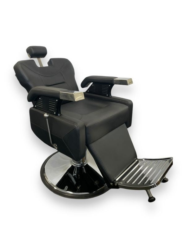KarmaRuncornBarberChairFrontAngleViewBackrestReclinedBlack