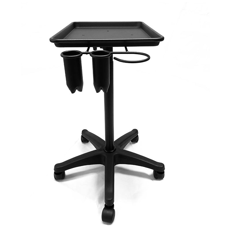 Side view of aluminium salon service trolley with tray