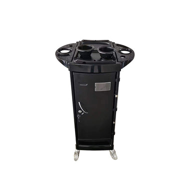 Front view of black professional lockable salon trolley on castor wheels