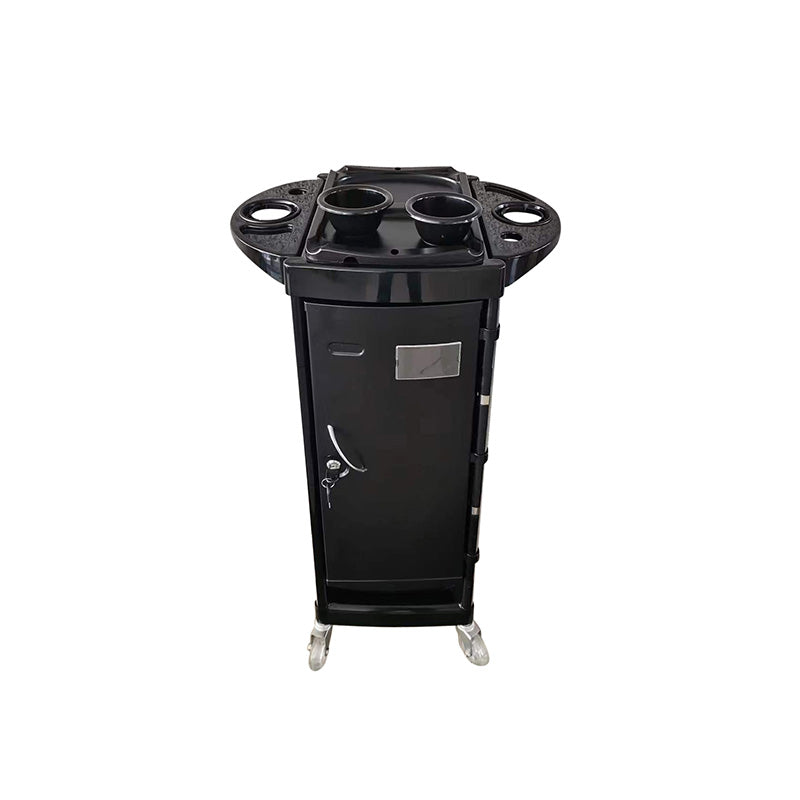 Front view of black professional lockable salon trolley on castor wheels