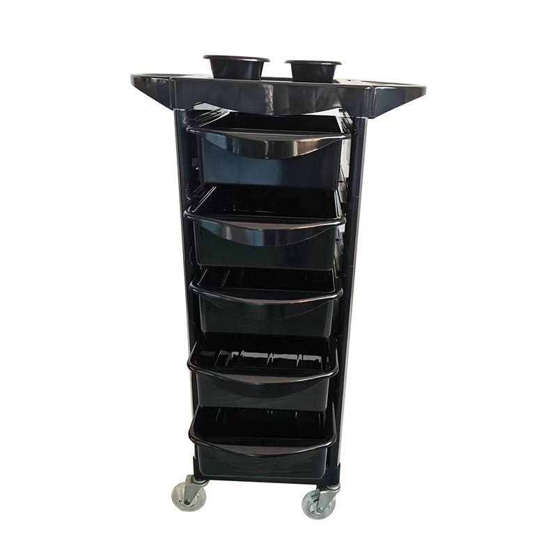 Black Anton open salon trolley with five drawers and castor wheels