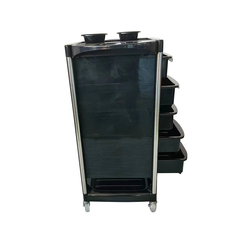Side view of black Anton open salon trolley showing drawer layout