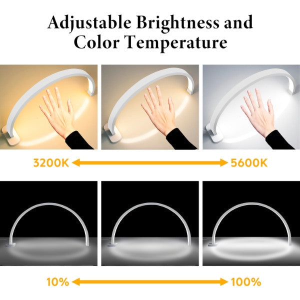 Comparison of the Arch LED nail lamp light settings from 3200K warm to 5600K daylight and dimming levels