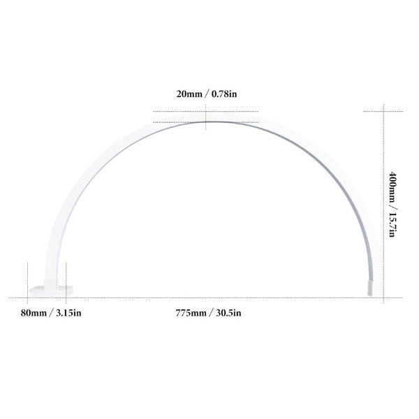 Technical diagram showing the 775mm width and 400mm height dimensions of the Arch LED nail lamp