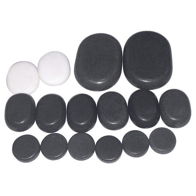 Overhead view of 16 piece facial massage stone kit showing various sizes of basalt and white marble stones