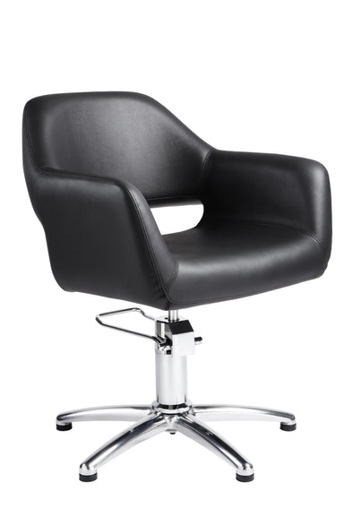 Black professional salon styling chair with 5 star alloy base front view