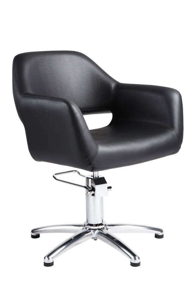 Black professional salon styling chair with 5 star alloy base front view