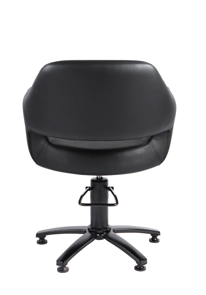 Black salon styling chair rear view showing padded backrest design
