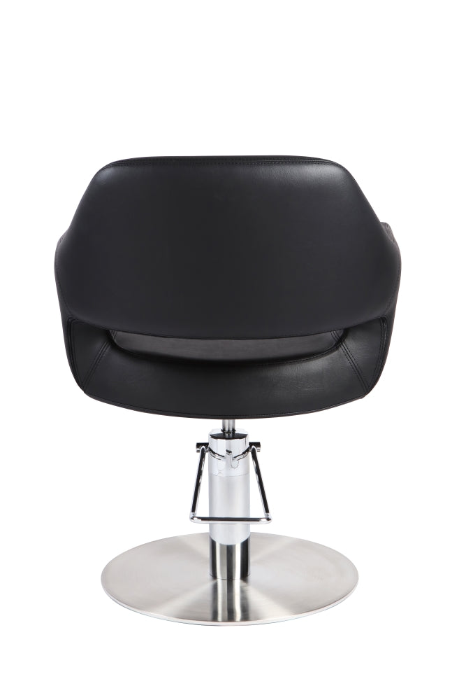 Black professional salon styling chair with round steel base