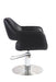 Black salon styling chair side profile with round base and hydraulic lift