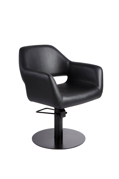 Black salon styling chair with round black base front view