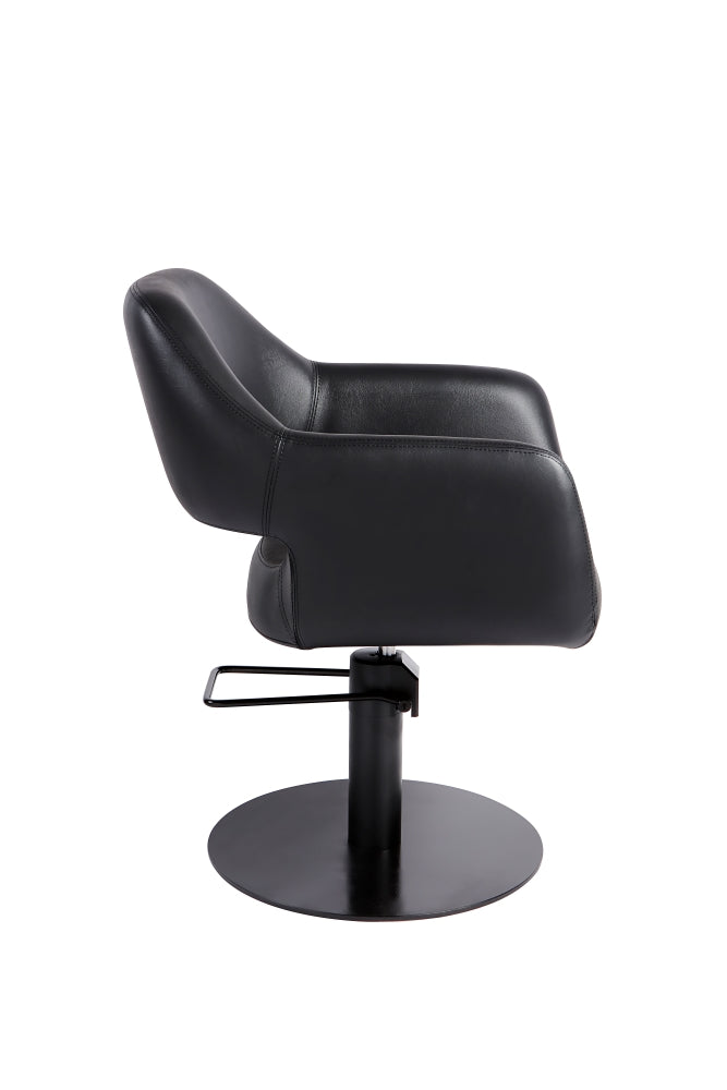Black professional salon chair with round black base side view