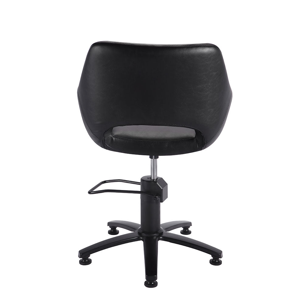 Black professional salon styling chair showing rear view and hydraulic base