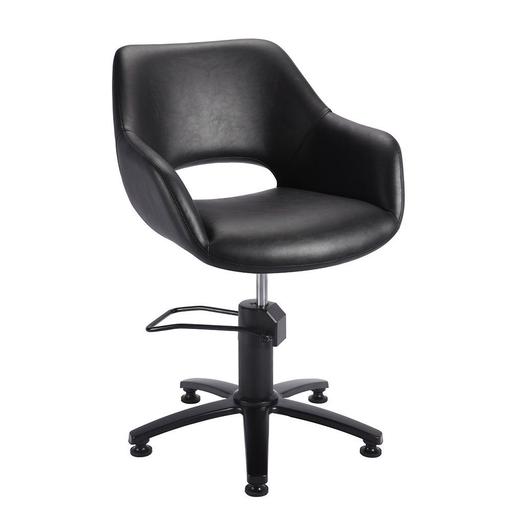 Black salon styling chair with ergonomic seat and lockable hydraulic lift