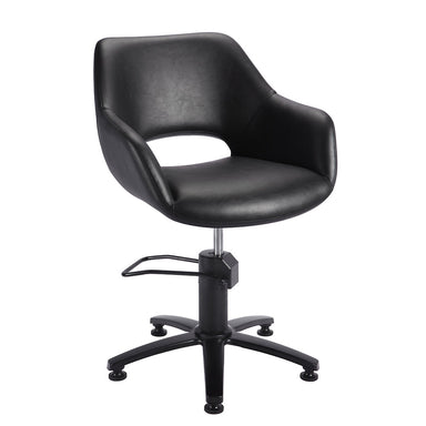 Black salon styling chair with ergonomic seat and lockable hydraulic lift