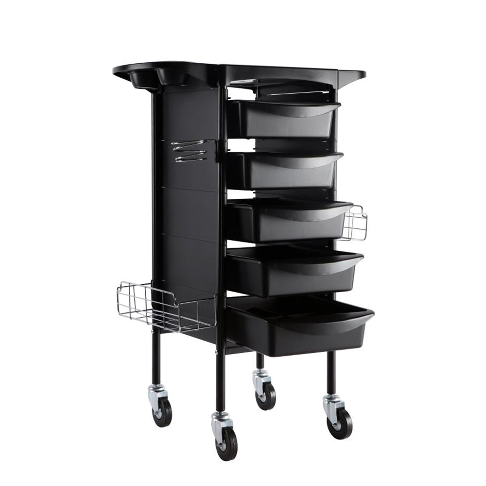 Black professional hairdressing trolley with multi-tier storage for salons