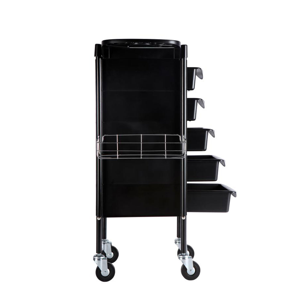 Side profile of professional hairdressing trolley with castor wheels