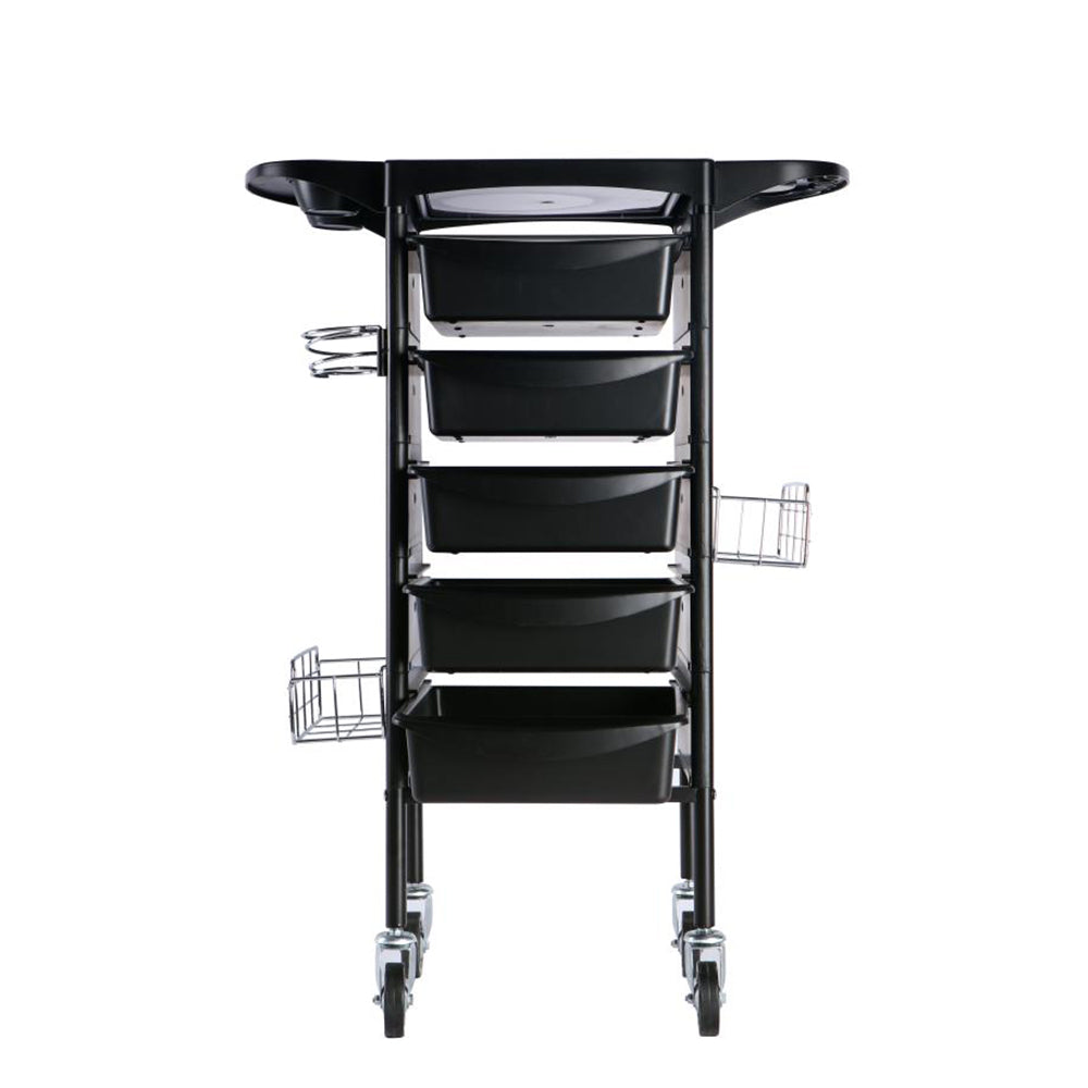 Front view of Carlos salon trolley showing stacked storage trays