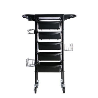 Front view of Carlos salon trolley showing stacked storage trays