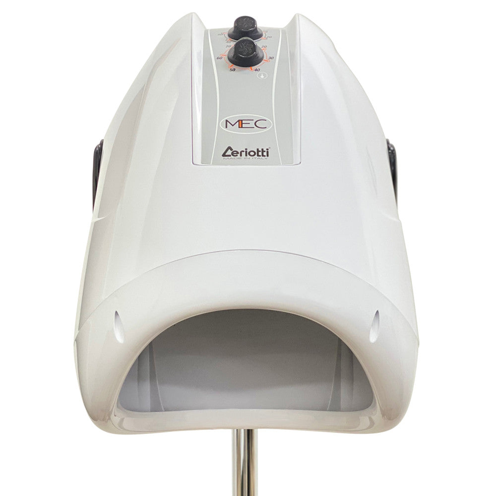 Front view of the white Ceriotti MEC professional hooded hair dryer hood