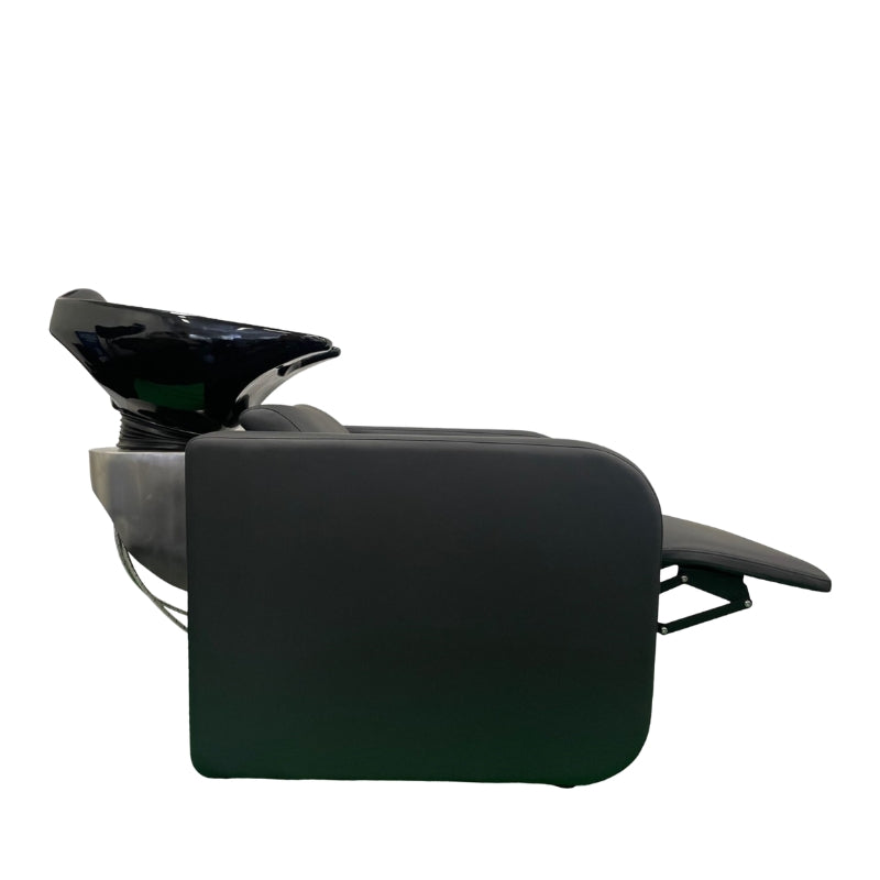 Side view of the Clunes premium backwash unit in a fully reclined position with black ceramic basin