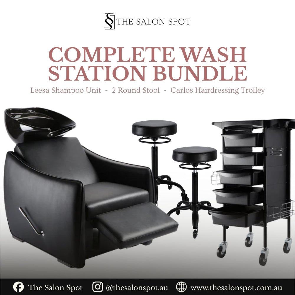 Complete salon wash station bundle including Leesa black shampoo unit, two round stools, and a Carlos hairdressing trolley