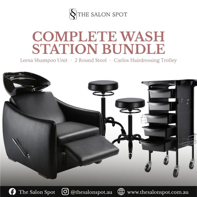 Complete salon wash station bundle including Leesa black shampoo unit, two round stools, and a Carlos hairdressing trolley