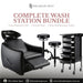 Complete salon wash station bundle including Leesa black shampoo unit, two round stools, and a Carlos hairdressing trolley