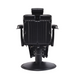 Rear view of black barber chair showing padded backrest and frame
