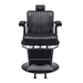 Black professional barber chair with reclining backrest and hydraulic base