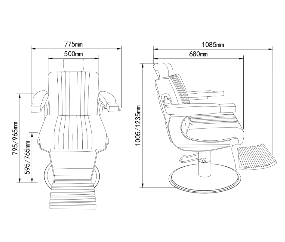 Barber chair dimensions diagram showing measurements and layout